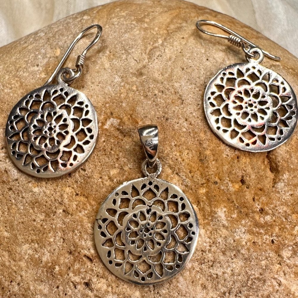 Sterling Silver Mandala Pendant and Earrings